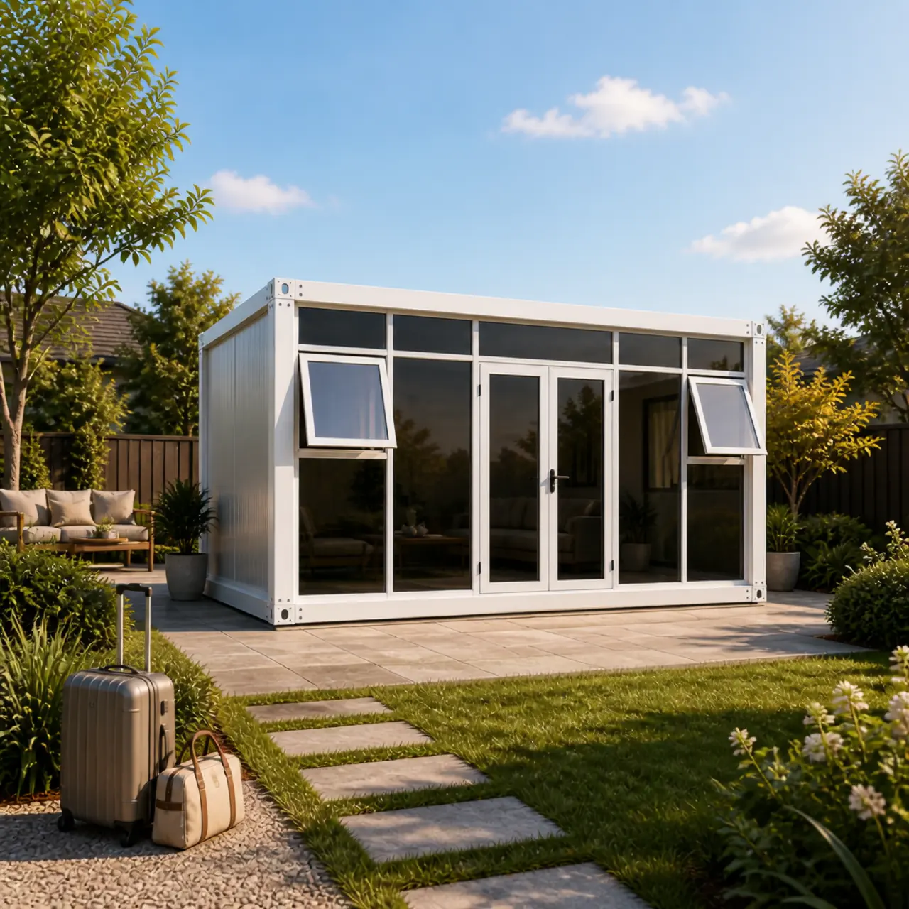 Modern glass front modular tiny house in an outdoor setting